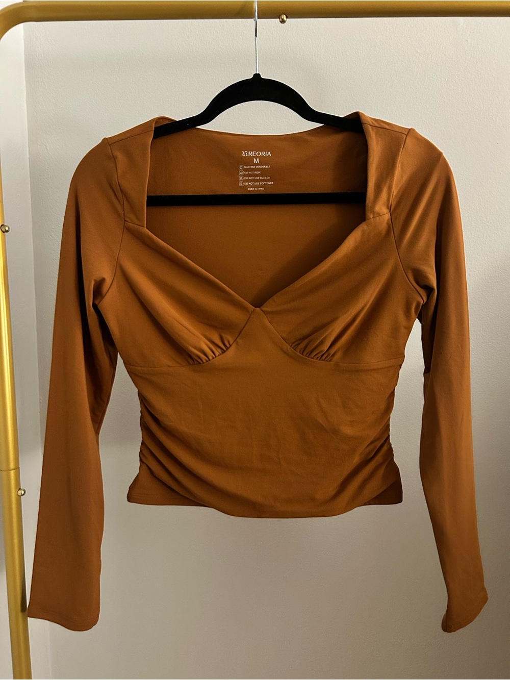 REORIA Brown Sweetheart Ruched Long Sleeve Top M